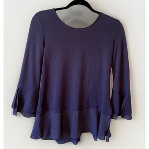 Jones Women's Peasant Blouse S Blue Back Keyhole Layered‎ Tunic Long Bell Sleeve